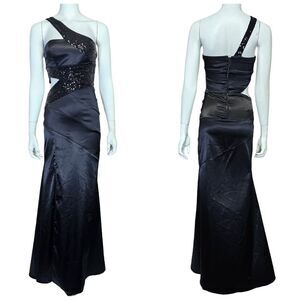 Josh & Jazz Womens 3/4 Black Satin‎ Sequin Cutout One Strap Prom Formal Gown